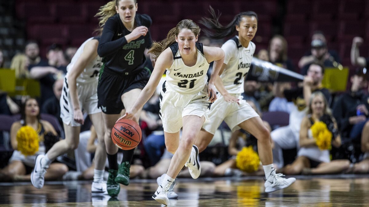 Idaho guard Mikayla Ferenz pushes the basketball into a fastbreak against Portland State in the semifinals of the Big Sky Conference women’s basketball tournament Wednesday, March 13, 2019 at CenturyLink Arena in Downtown Boise.