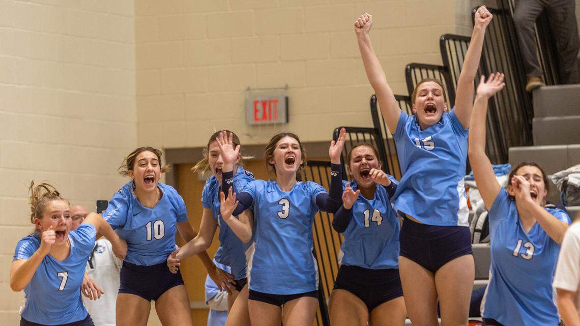 Skyview reacts after the winning the 4A state title in four sets over Columbia on Saturday at Thunder Ridge High in Idaho Falls. It’s the Hawks’ third straight state championship.