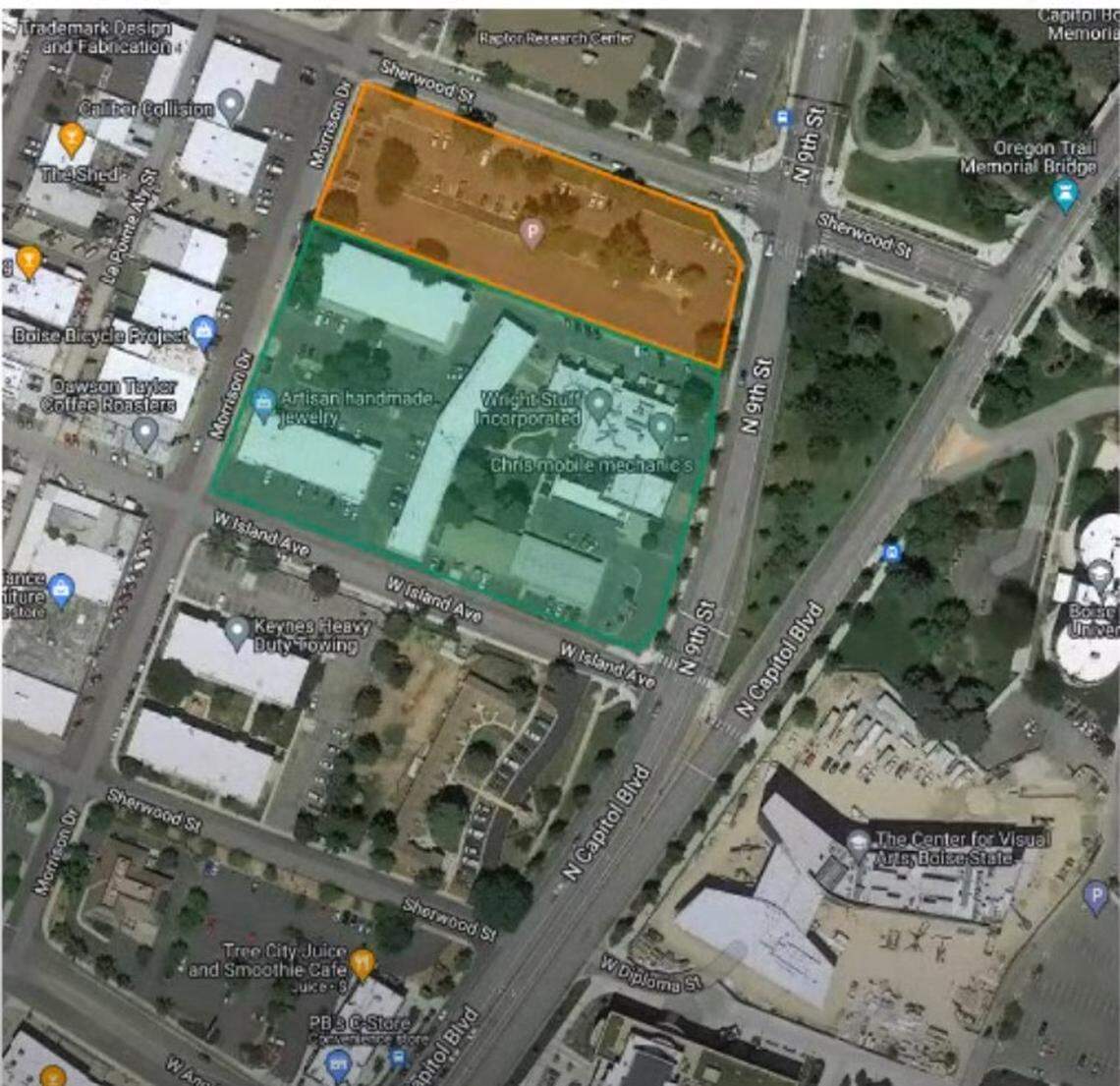 Boise officials and Boise State University plan to redevelop a block of the Lusk District, adjacent to campus. Boise State owns the parking lot to the north, in orange, while the city owns the property in green. The Capitol Campus project could bring new retail, apartments, office and parking areas.