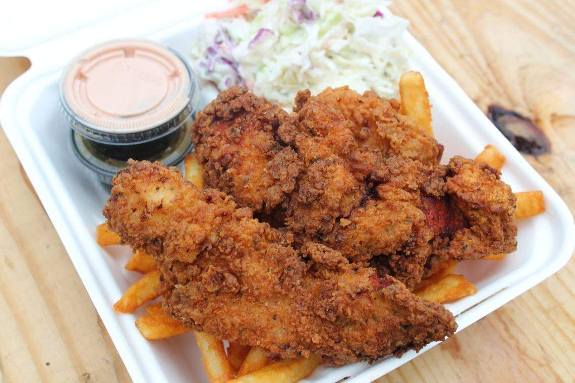 The three-piece Chicken Basket includes three hand-breaded strips, crispy fries, coleslaw, choice of two sauces and a drink.