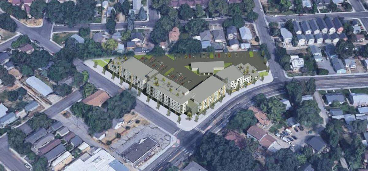 A proposed apartment complex at 27th Street and Stewart Avenue would get built on a wedge-shaped parcel across from the former Jerry’s Market, visible at lower left.