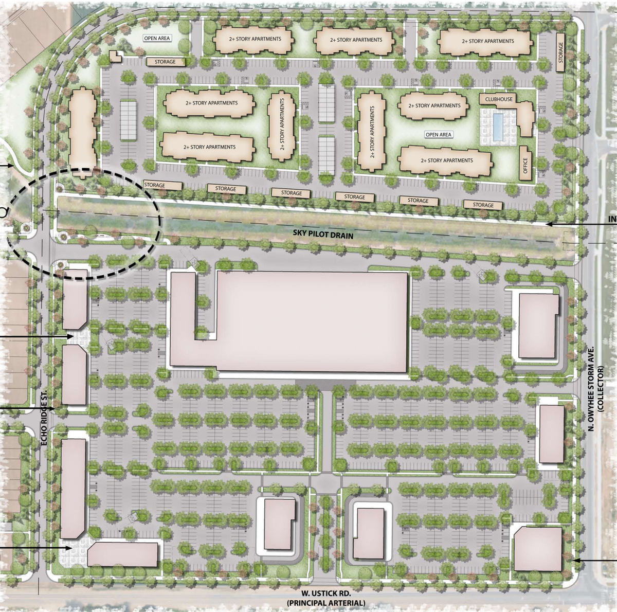 Conceptual plans of Mark Bottles’ Owyhee Center show a large central commercial building, likely an “anchor” grocery store, plus nine smaller buildings around it. To the north, multifamily buildings are shown.