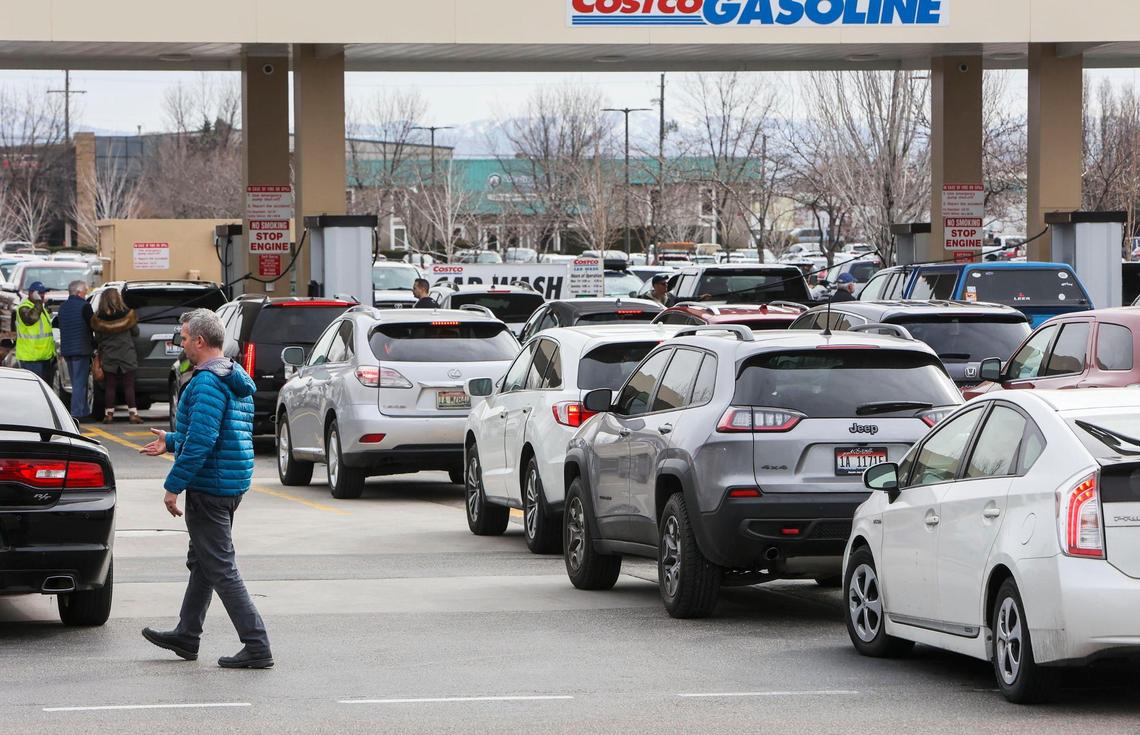 Motorists looking for the lowest price for gasoline endure long lines at Costco’s pumps Friday, March 11, 2022, in Boise.
