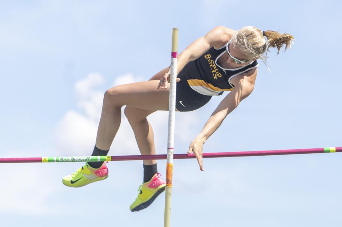 Bishop Kelly’s Aly Tekippe clears 10 feet, 6 inches easily. She took first place with an 11-foot vault in the 4A girls pole vault at the state track and field championships at Eagle Highon Saturday, May 18, 2019.