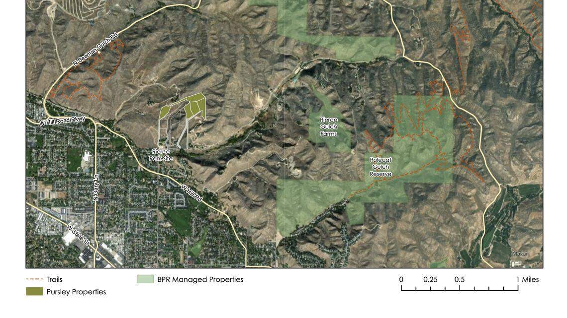 This map shows where the city of Boise hopes to add 29 acres of land owned by the Pursley family.