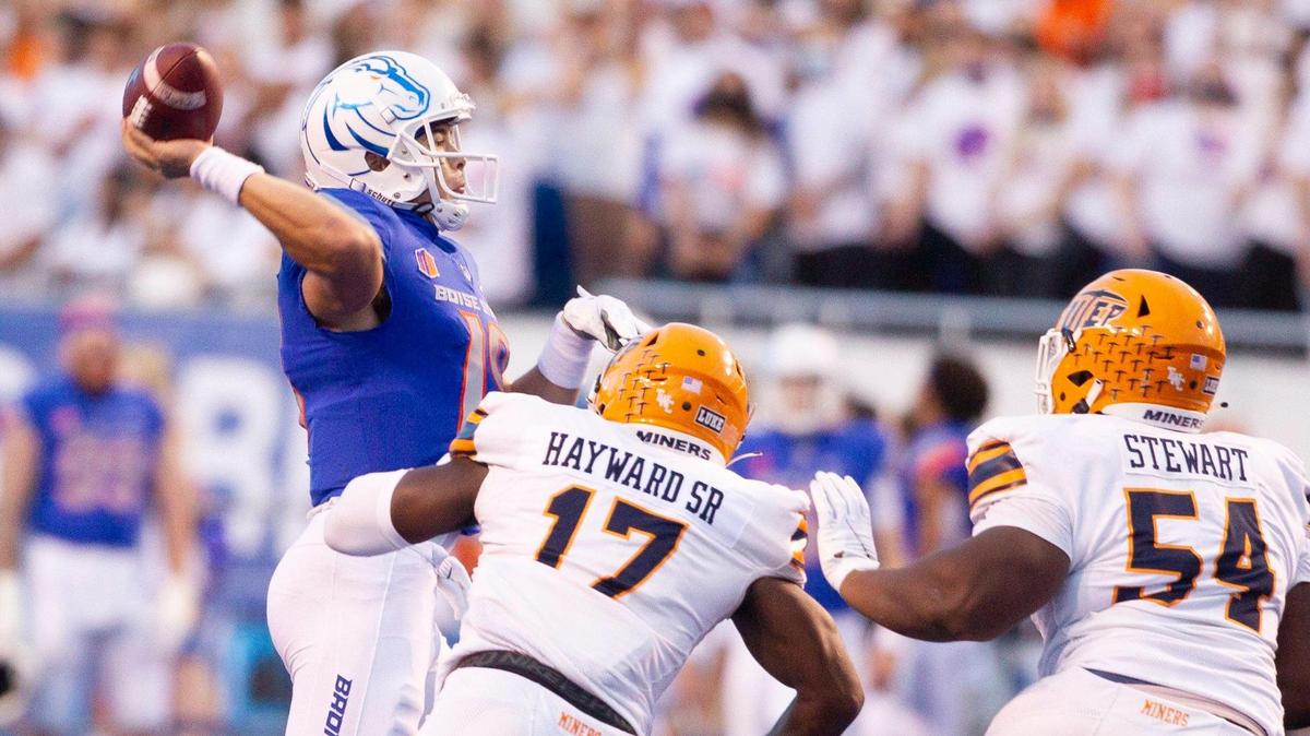 Boise State quarterback Hank Bachmeier throws a pass against UTEP during the Broncos’ 54-13 win over the Miners in 2021. The teams meet again Sept. 23 in El Paso, Texas.