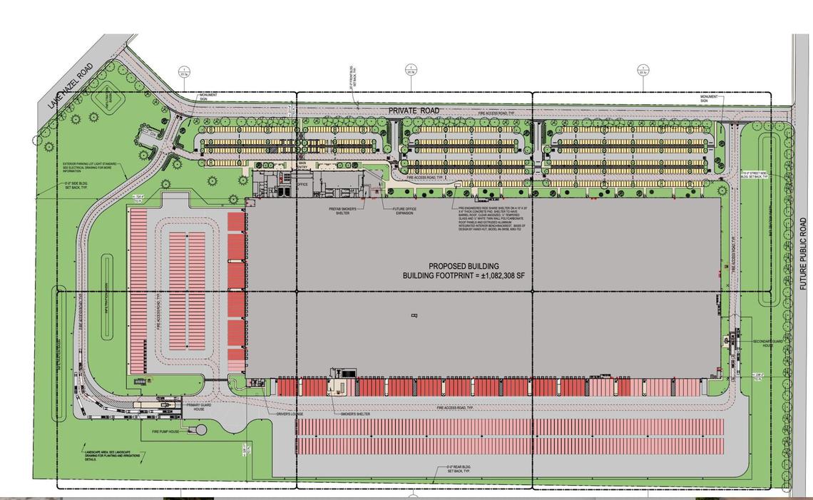The proposed warehouse southwest of the Boise Airport would have 1.35 million square feet with the ground floor and mezzanine, 98 docks for loading semi-trucks, 390 parking spaces for trailers, along with 700 parking spaces for employees’ cars and two guard shacks.