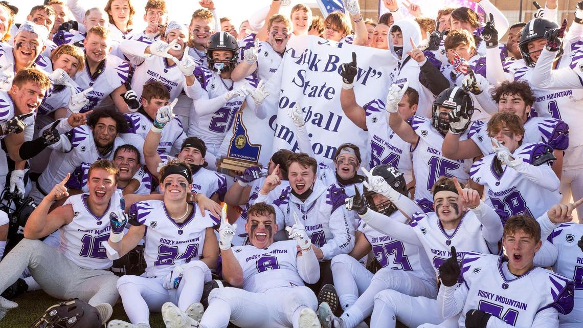 Rocky Mountain’s football team celebrates a 17-14 victory over Rigby in the 5A state championship game Saturday at Madison High in Rexburg.