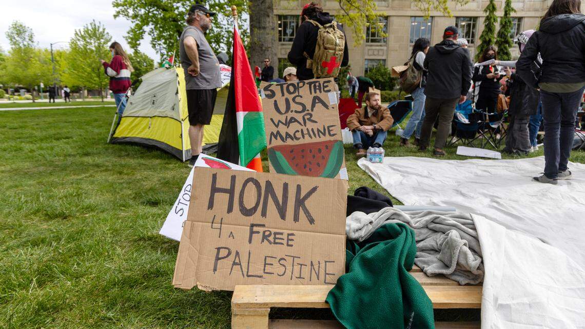 Supporters of Palestine hold a protest in Boise in May. Two protesters were charged with malicious harassment after a confrontation with a Jewish man on July 4 downtown.