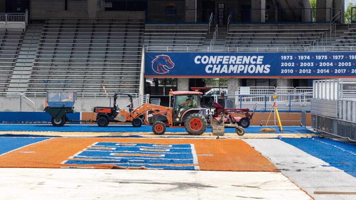 Work begins on replacing the blue turf at Albertsons Stadium at Boise State University, Monday, June 29, 2026.