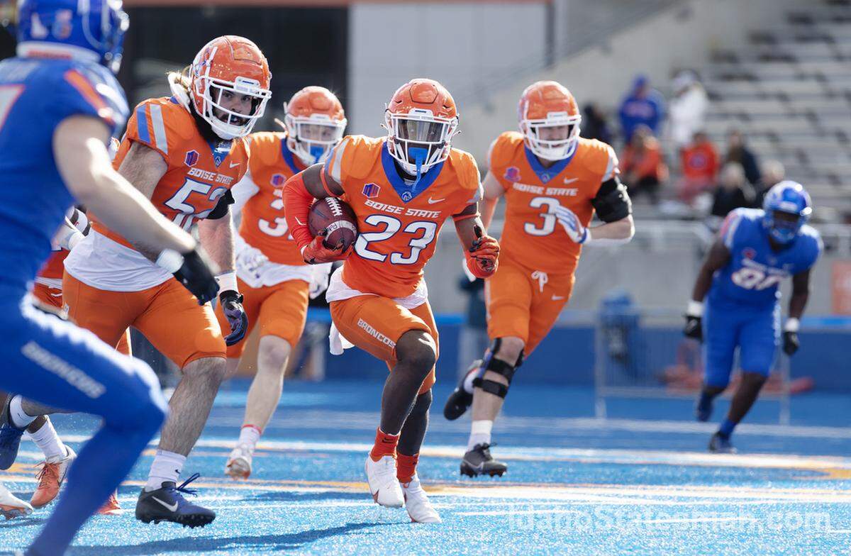 Boise State safety Seyi Oladipo returns an interception during the Broncos’ spring game in April. Boise State will debut several new game day features during the home opener against UT-Martin on Saturday.