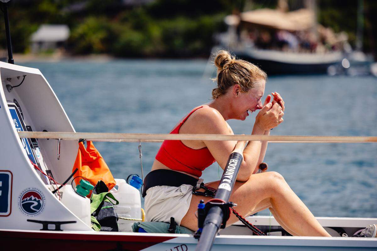 Taryn Smith soaks in the moment after completing a 3,000-mile solo row across the Atlantic Ocean with the World’s Toughest Row.
