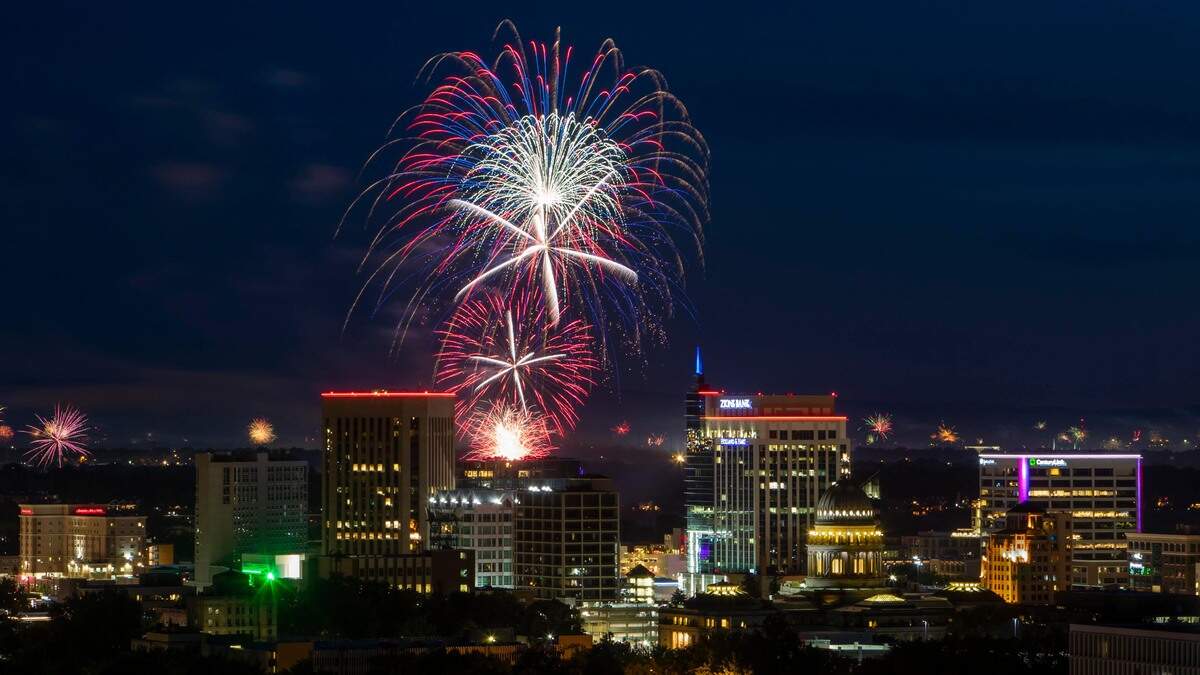Independence Day fireworks over Downtown Boise in this photo from 2019. Celebrate the firework displays in Idaho, one of the best states to spend the Fourth of July in.