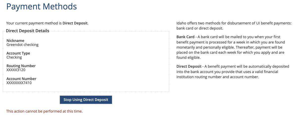 Whoever got into Heather Sprague’s account at the Idaho Department of Labor renamed her checking account to “Greendot checking” and changed her bank routing and account numbers. Greendot is a prepaid debit-card company.
