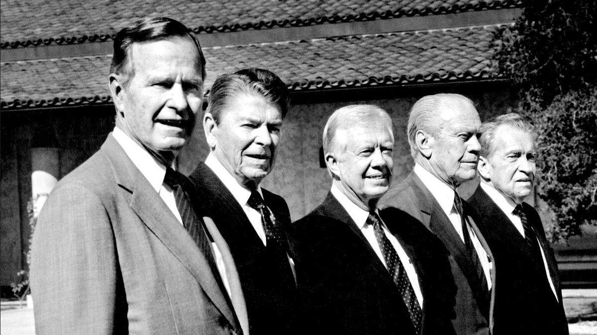 Then: A historic gathering of five presidents at the dedication of the Ronald Reagan Presidential Library on Nov. 5, 1991 in Simi Valley, California. From left, George H.W. Bush, Ronald Reagan, Jimmy Carter, Gerald Ford and Richard Nixon.
