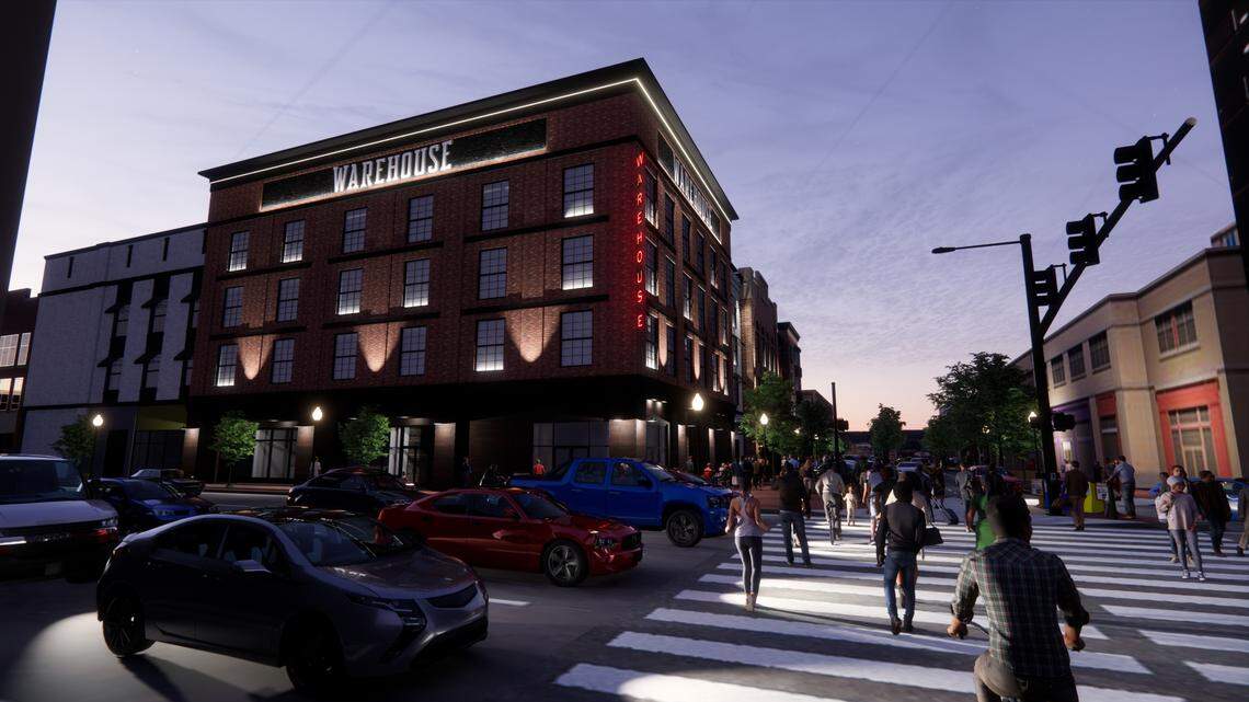 Rendering of how the outside of The Warehouse Food Hall in the BoDo District in downtown Boise will look when renovations are completed this fall.