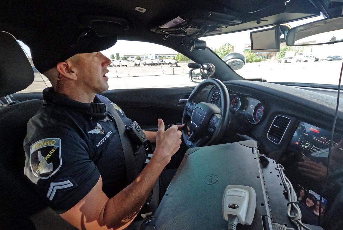 Idaho State Police Corporal Jeff McConnell drives Interstate 84 on patrol between Boise and Caldwell, Tuesday, July 29, 2025.
