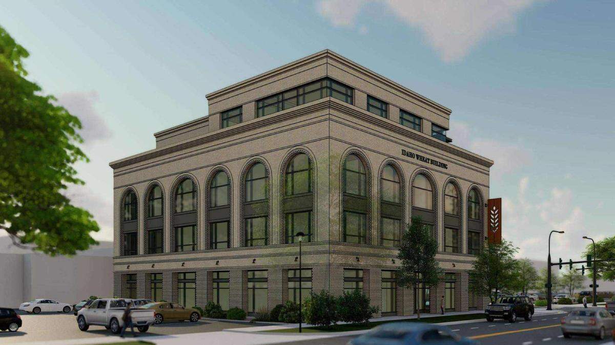 The four-story building would include space for businesses on the bottom floor. This southwest-facing rendering shows State Street in foreground at bottom.