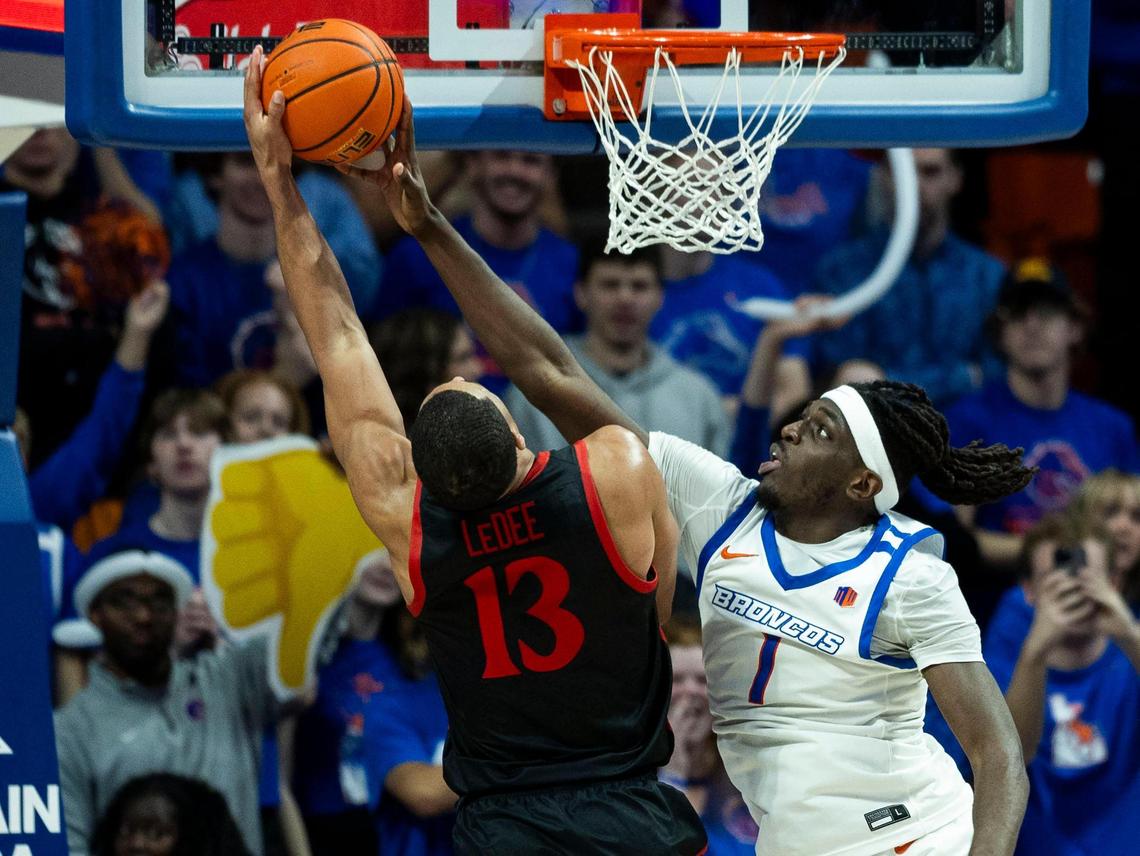 Boise State guard O’Mar Stanley blocks San Diego State forward Jaedon Ledee late in the second half, Saturday, Jan. 20, 2024, at ExtraMile Arena in Boise.