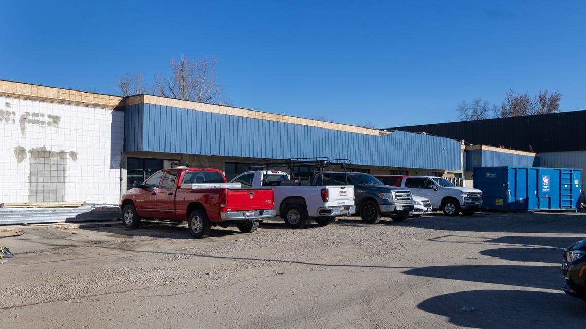 Workers’ trucks on Jan. 22 at the planned Interfaith Sanctuary shelter in a former Salvation Army building on West State Street in Boise.