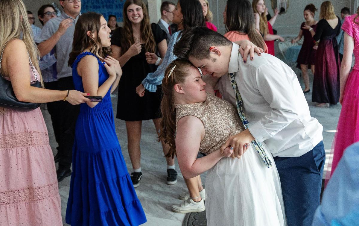 Morgan Wood and Ian Larsen dance together during VIP Prom, Saturday, April 13, 2024, at Potomac Manor Event Center. Mountain View High School Student Leadership hosted the event which was open to all West Ada School District students with special needs and their families.
