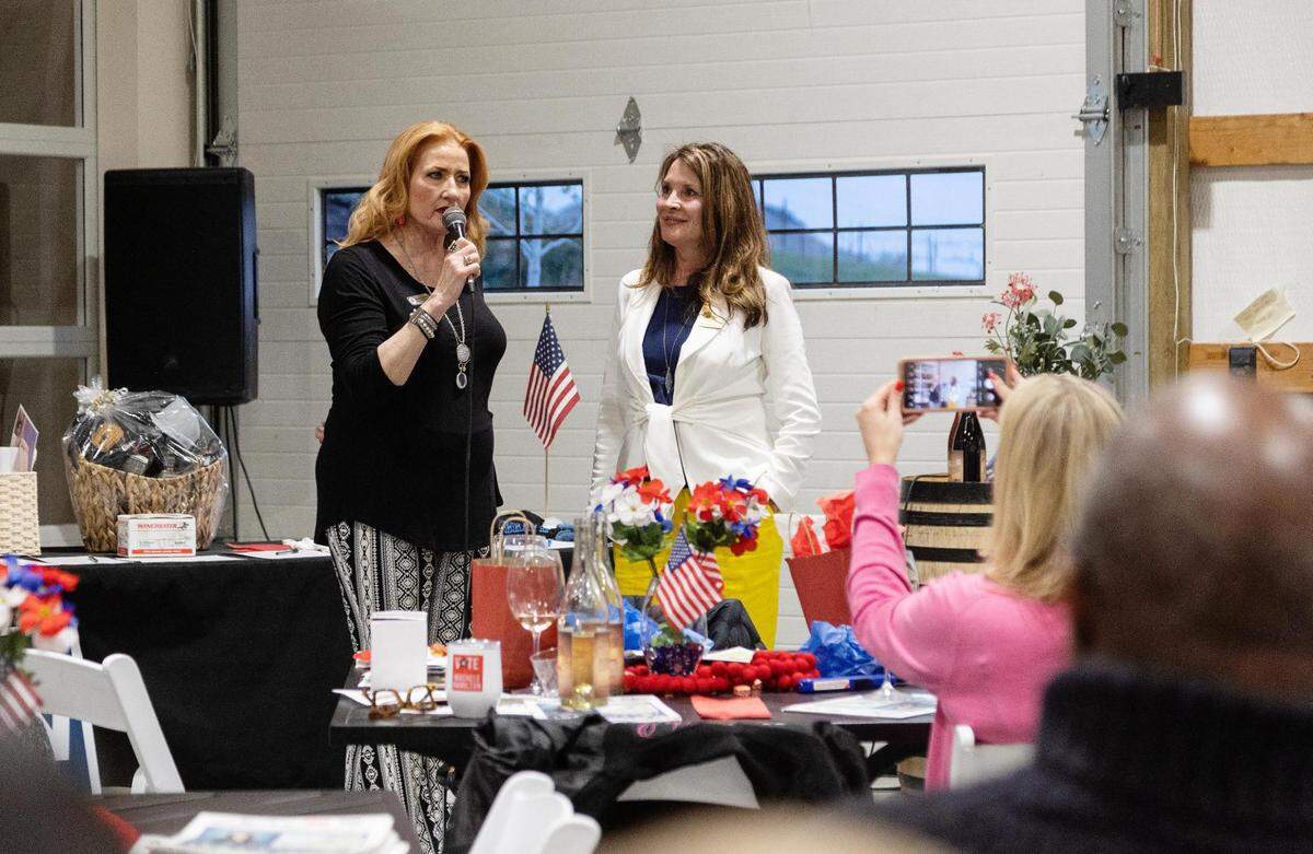 Machele Hamilton, left, a House District 12 Republican primary candidate, and Lt. Gov. Janice McGeachin, take questions during a meet-and-greet campaign fundraiser at a Caldwell-area winery in April.