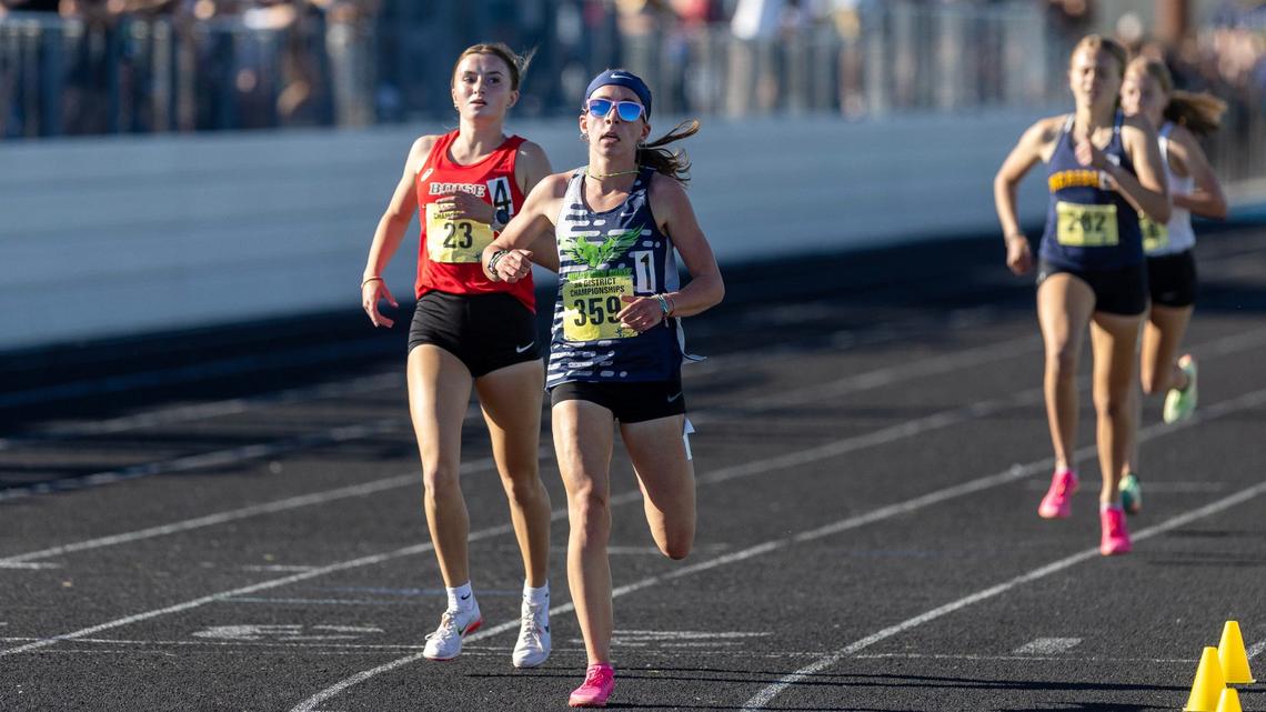 Mountain View’s Rilyn Stevens wins the girls 1,600 meters at the 5A District Three Track and Field Championships held Friday at Middleton High School.