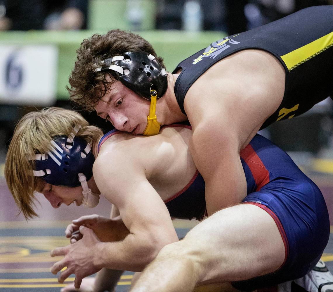 New Plymouth’s Kyle Rice, left, and Bishop Kelly’s Christopher Martino both will compete for their fourth straight state title this weekend. Martino topped Rice for the Rollie Lane Invite title in January with a 9-4 decision.
