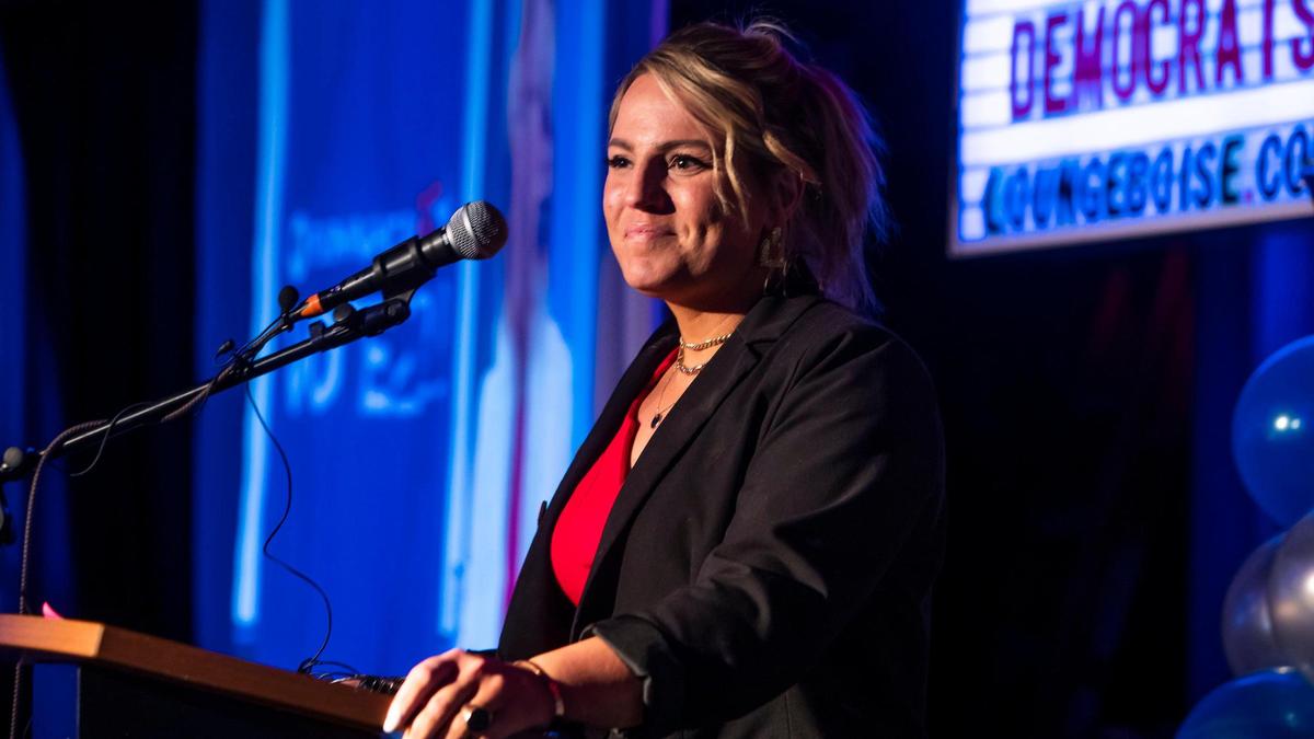 Kaylee Peterson, Democratic candidate for the 1st Congressional District, speaks during the Idaho Democratic Party event at the Lounge at the End of the Universe on Tuesday in Boise.