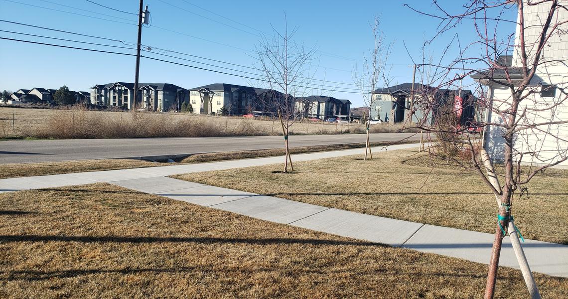 Looking west, the Limelight Village would be built in the field at left. The Retreat at Sillvercloud apartments are in the background, with the Roe Street Townhomes at right.