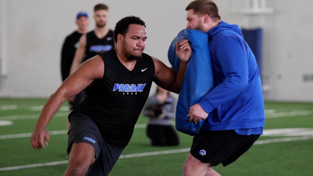 Former Boise State offensive lineman John Ojukwu started 32 consecutive games at left tackle for the Broncos since 2020.