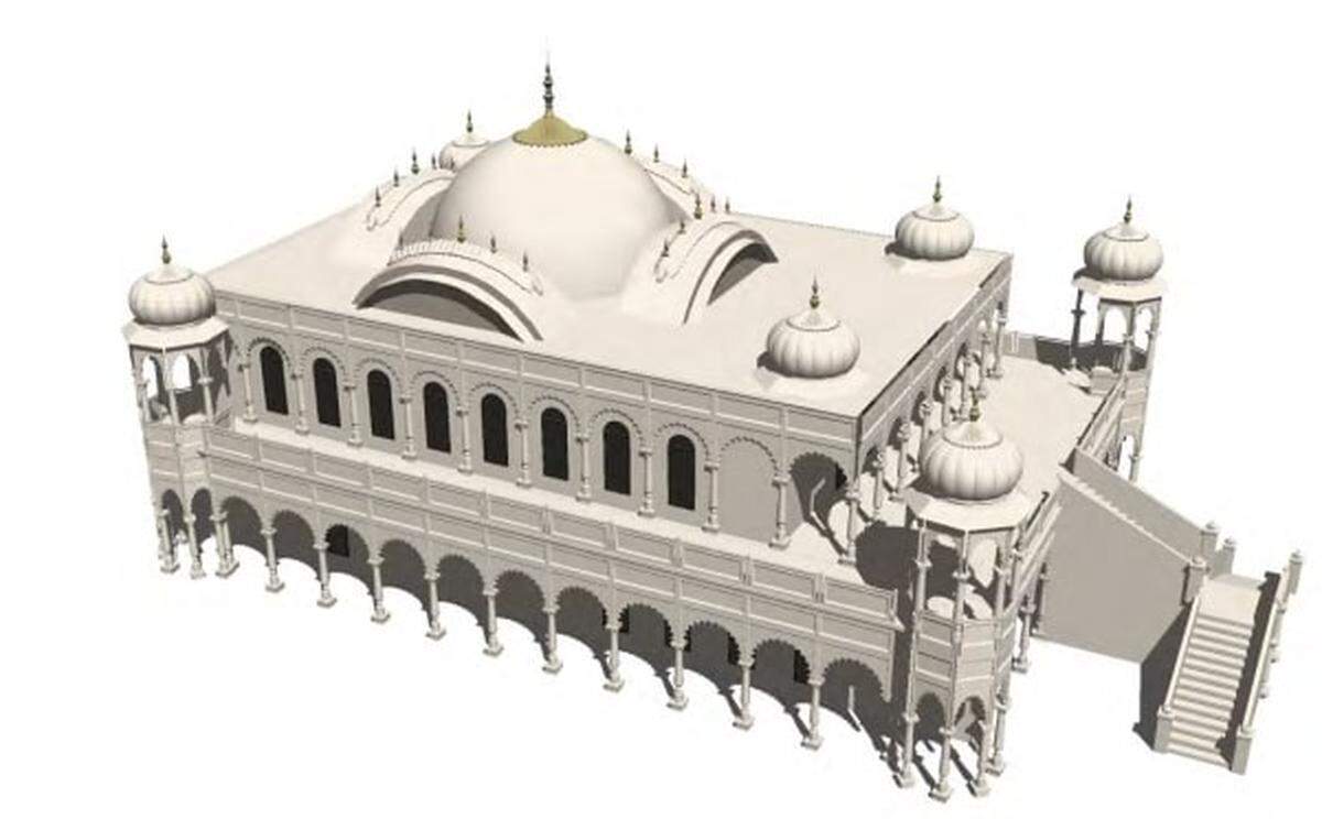 This architectural rendering shows the proposed two-story temple that would replace the aging hotels.