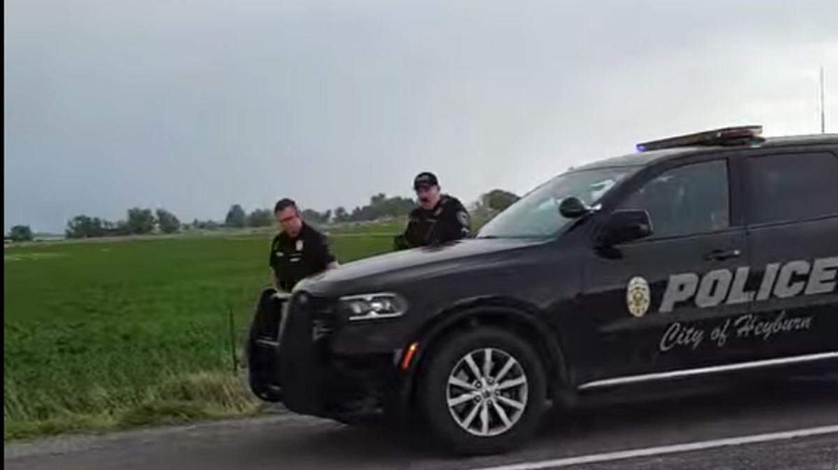 Two Heyburn officers stop along Interstate 84 in Idaho where two dogs had caused traffic to come to a standstill on Memorial Day weekend, according to police. An officer eventually shot each dog one time.