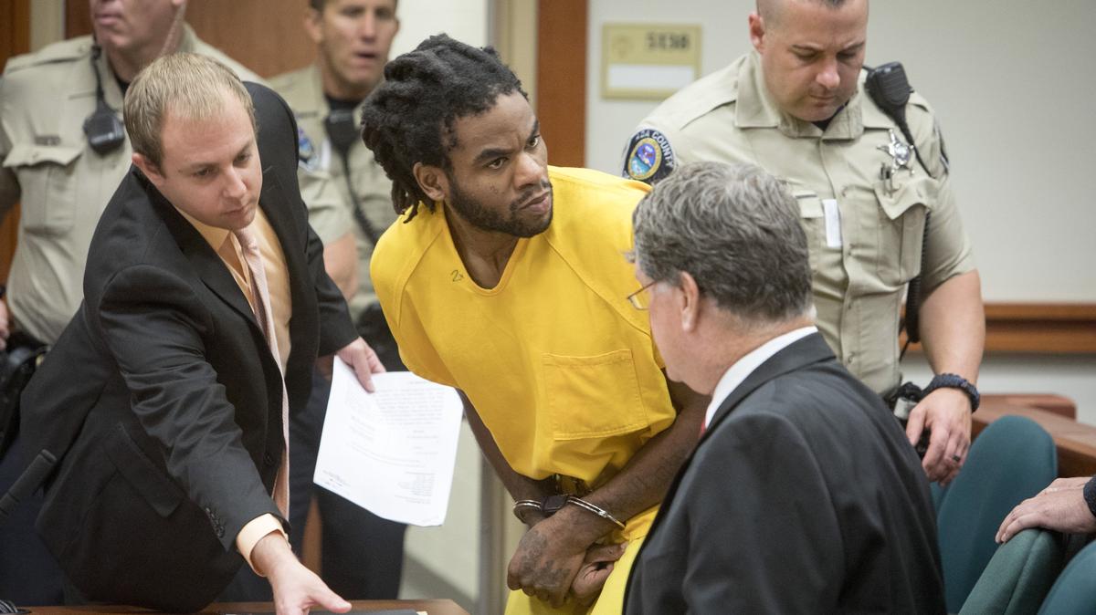 Timmy Kinner Jr. is escorted into the courtroom on Wednesday, Aug. 15. Kinner has been indicted on one count of first-degree murder in the death of 3-year-old Ruya Kadir, and eight counts of aggravated battery in the stabbing of eight other people on June 30, 2018.