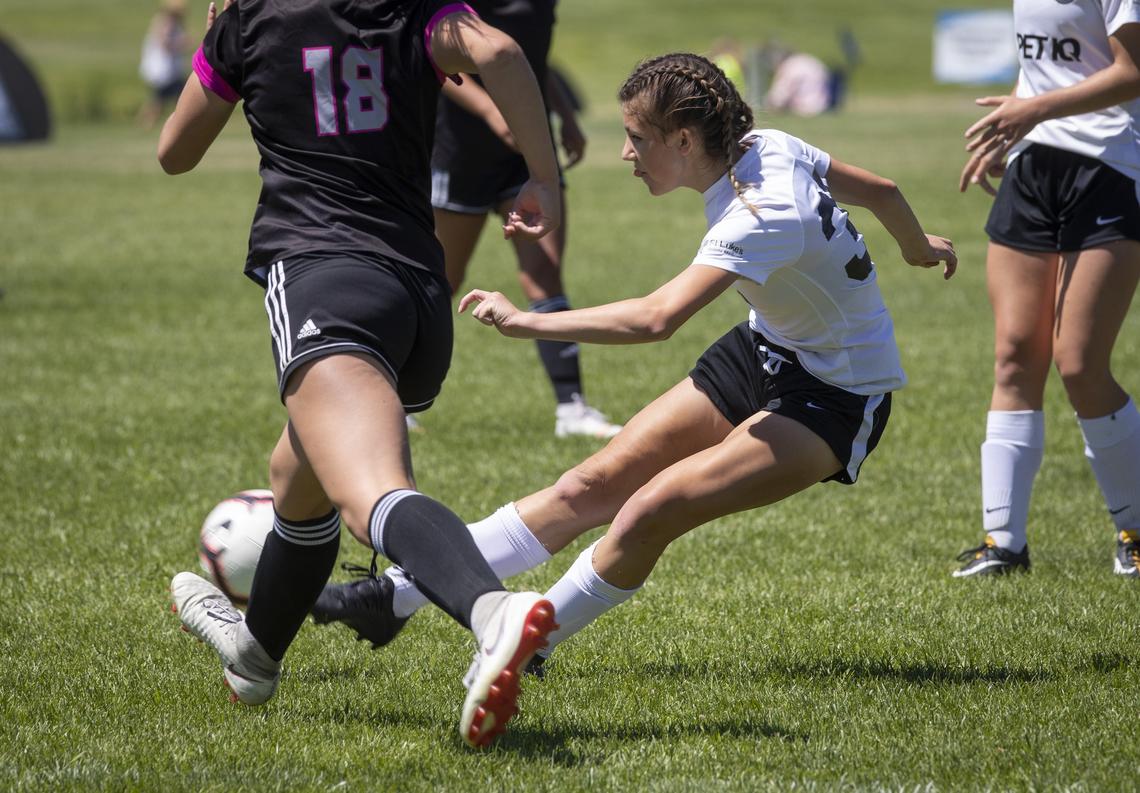 Natasja Davis takes aim and scores the U-15 Boise Thorns’ third goal in a 3-0 win over Billings United on Wednesday at the Far West Regional Championships.