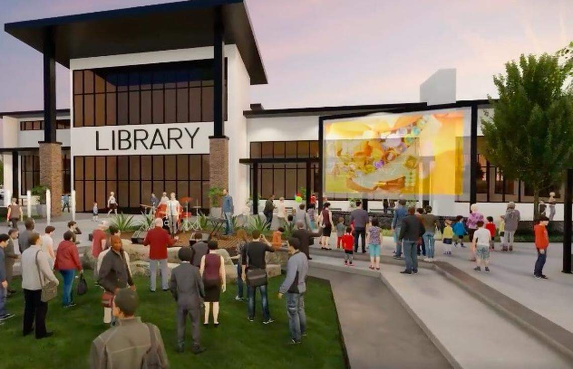 A rendering of the new library planned for Meridian’s Orchard Park development, December 2020.
