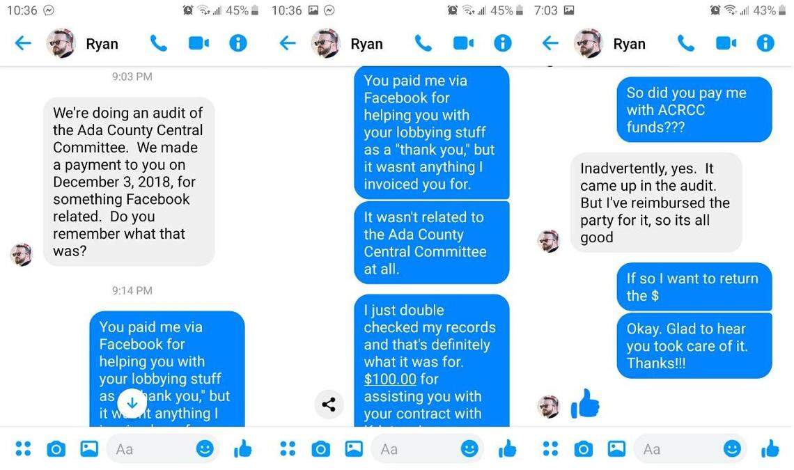 A collection of Facebook messages show Ada County Republican Central Committee Chairman Ryan Davidson admitting to paying for a private business expense with Republican Party money.