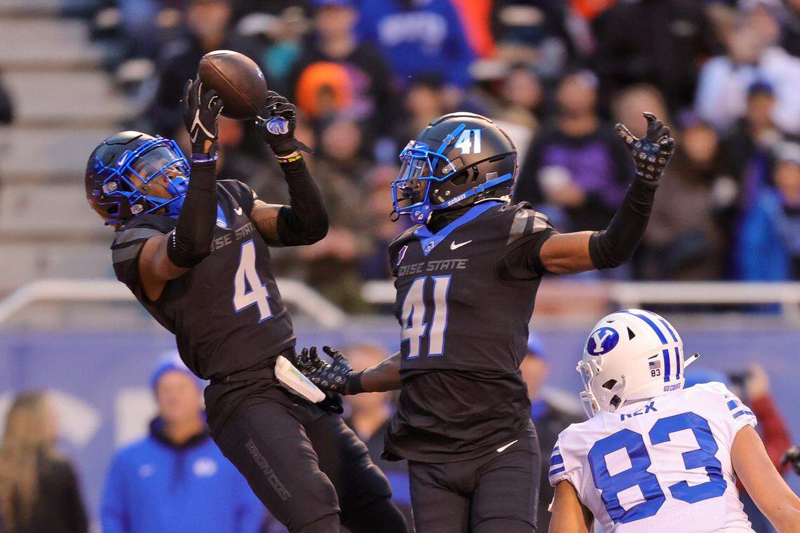 Boise State safety Rodney Robinson (No. 4) has played in 40 games and started 29 since 2021. He finished last season No. 4 at Boise State with 61 tackles and added an interception.