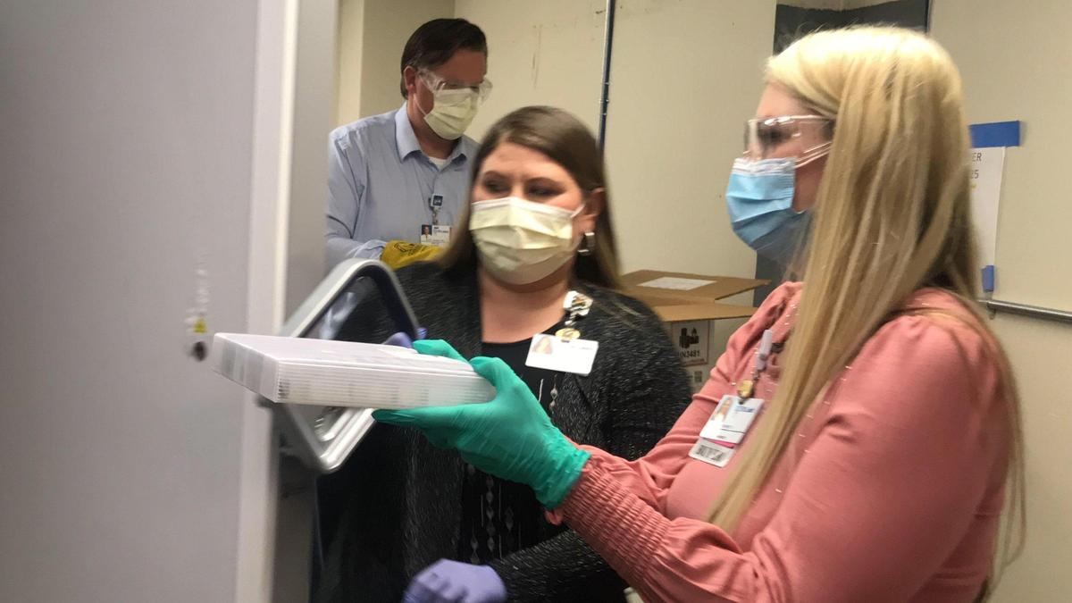 St. Luke’s in Boise received its first shipment of Pfizer’s COVID-19 vaccine, 195 vials, which is equal to 975 doses. The vaccine must be stored at minus-70 Celsius (minus-94 Fahreneit).