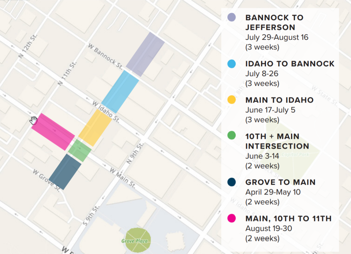 The planned closures of 10th Street through the summer as the city plans to renovate its geothermal system.