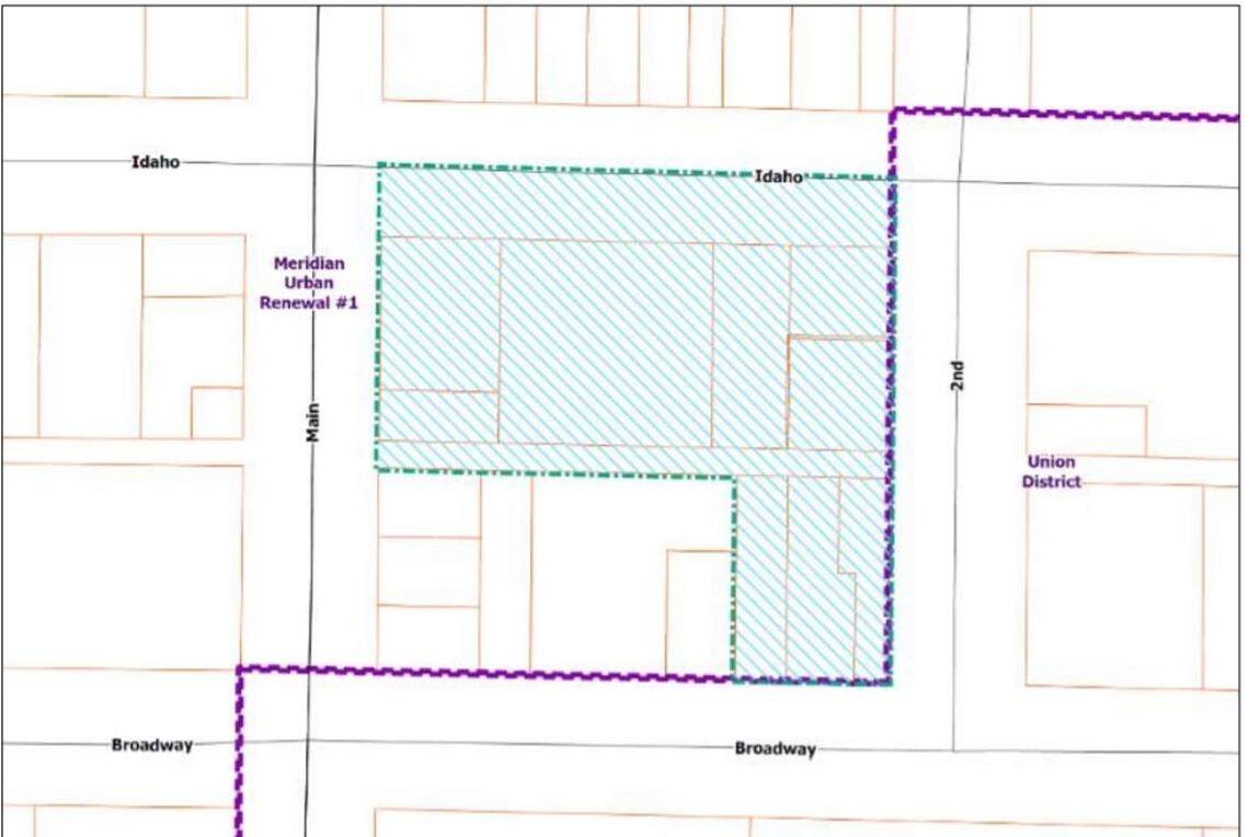The Idaho Block, marked with diagonal lines, would be annexed into the existing Union District urban renewal area, marked by the dotted line.