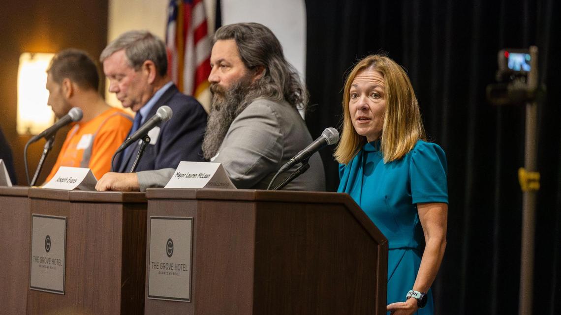 Incumbent Mayor Lauren McLean answers an audience question during a Boise mayoral candidate forum sponsored by City Club of Boise and the League of Women Voters of Idaho, Thursday, Oct. 5, 2023 at the Grove Hotel in Boise.