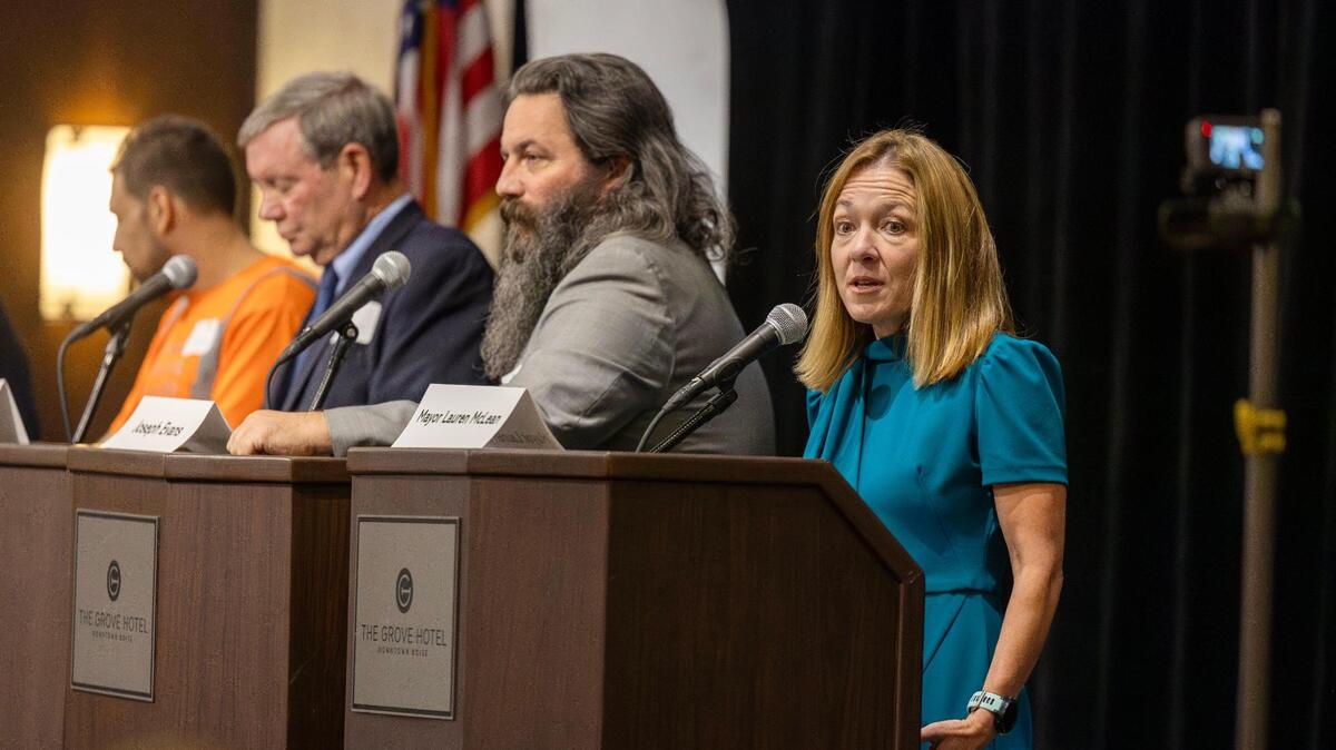 Incumbent Mayor Lauren McLean answers an audience question during a Boise mayoral candidate forum sponsored by City Club of Boise and the League of Women Voters of Idaho, Thursday, Oct. 5, 2023 at the Grove Hotel in Boise.