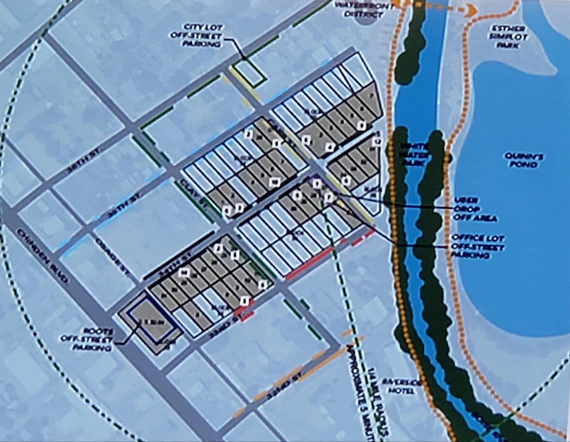 The shaded properties along East 34th Street and adjoining streets between Chinden Boulevard and the Boise River are parcels owned by developer Hannah Ball, in a projection shown Wednesday at a Garden City Planning and Zoning Commission meeting. Ball plans to build an event center and townhouses, cottages and other compact homes in the neighborhood.