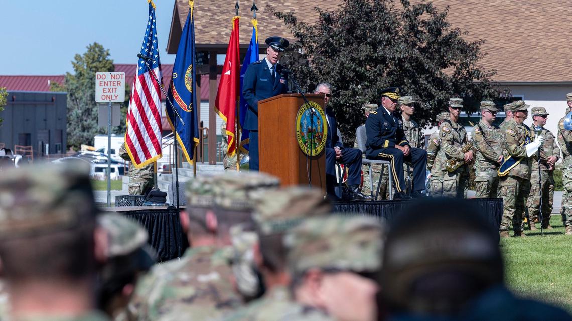 Incoming Idaho National Guard commander Maj. Gen. Timothy J. Donnellan speaks during a change of command ceremony at Gowen Field on Tuesday.