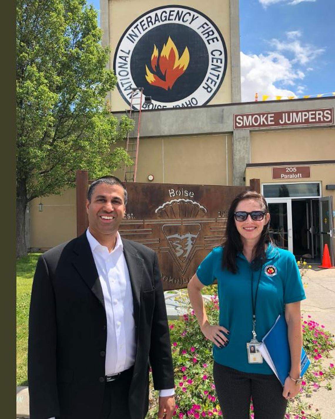 FCC Chairman Ajit Pai at the National Interagency Fire Center with NIFC spokeswoman Jessica Gardetto.