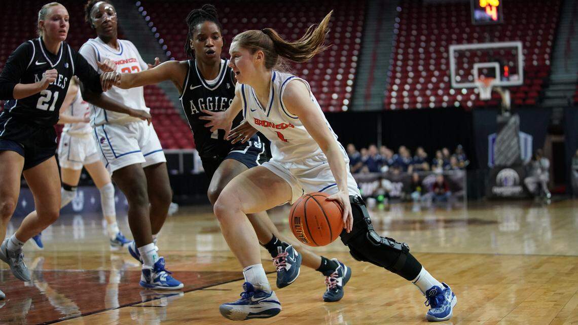 Freshman guard Mya Hansen had 20 points in Boise State’s 66-58 win over Utah State in the first round of the Mountain West Tournament on Sunday at the Thomas & Mack Center in Las Vegas.