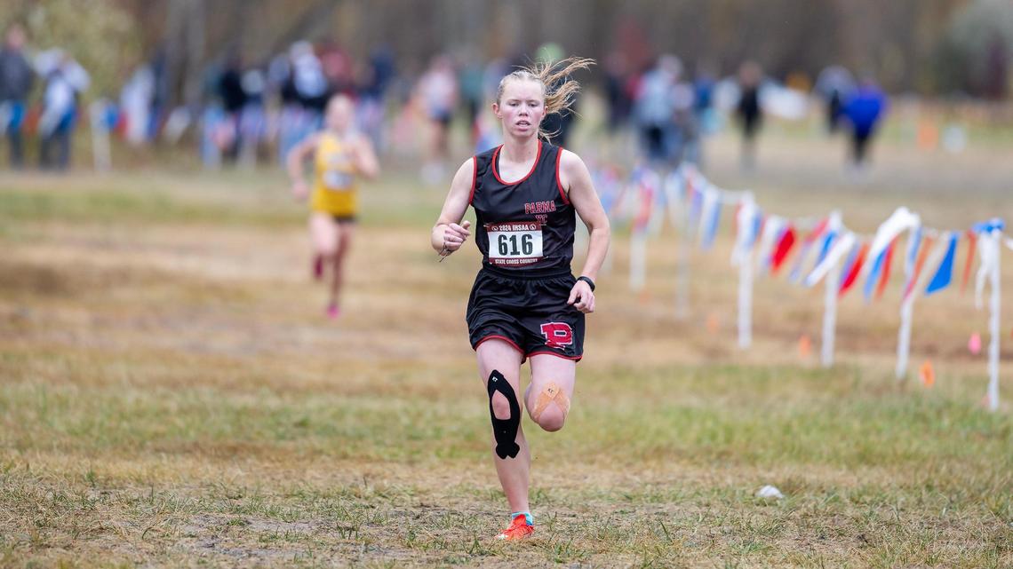 Parma’s Megan Atkinson took first place in the 3A girls state cross country race Saturday at Eagle Island State Park.