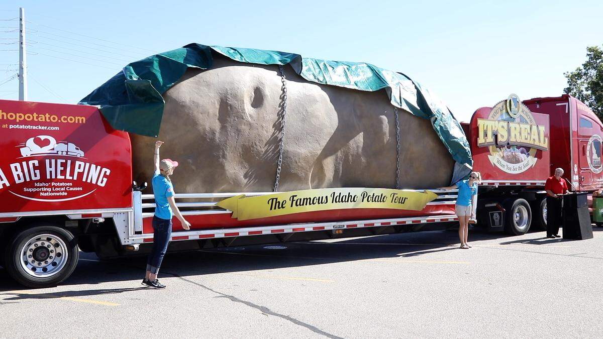 The Idaho Potato Commission reveals the new and improved Big Idaho Potato, 28 feet long and 11.5 feet tall, that represents one of Idaho's claims to fame.