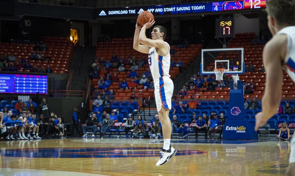 Boise State guard Justinian Jessup pulls up for a 3-pointer in the first half against West Coast Baptist College in an exhibition game Oct. 31, 2019, at ExtraMile Arena in Boise. Jessup is within reach of the program’s career record for made 3-pointers.